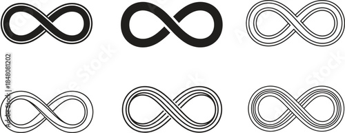 Infinity symbol collection featuring various styles and outlines representing endlessness continuity and eternity design elements