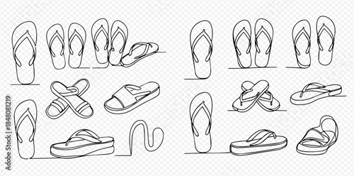 Continuous line drawing of various flip-flops and sandals for summer and beach wear.