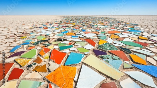Colorful broken mosaic tiles on the ground in sunny landscape