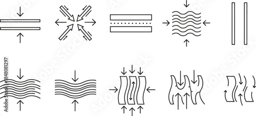 Mechanical stress and strain force deformation diagram line icons with various engineering concepts