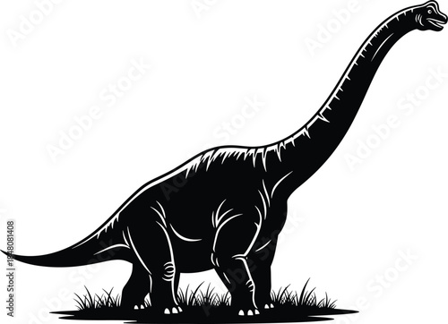 Black and white of a dinosaur sauropod brontosaurus dinosaur, sauropod, brontosaurus, black and white, silhouette, grass, prehistoric, animal, monster, creature, white background, claws, spikes, scale