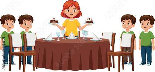 Happy family dinner illustration with mother serving cake to children at round table, festive celebration vector design for education and decor
