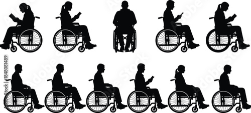Wheelchair user silhouettes collection showing disabled men and women reading, sitting and using wheelchairs for accessibility and inclusion concepts