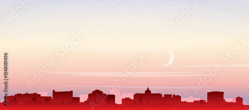 Red panoramic poster of the city skyline with misty background buildings, sunrise, moon and clouds of STRASBOURG, FRANCE