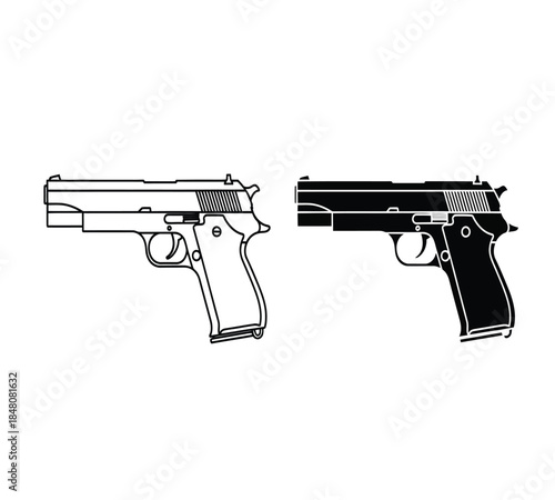 A detailed illustration showcases two black and white handgun depictions presenting side profiles of semi automatic firearms with distinct features