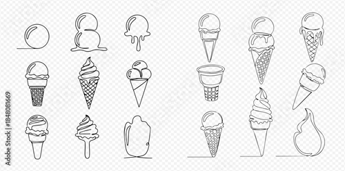 Continuous line drawing of various ice cream cones and scoops on a transparent background.