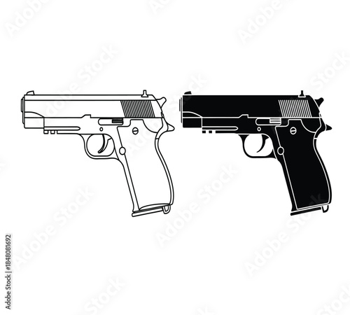 A detailed illustration showcases two side views of a semi automatic pistol one in outline and one solid black highlighting its design