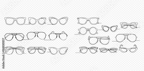 Set of hand-drawn outline glasses and sunglasses, various shapes and styles for fashion and vision correction.