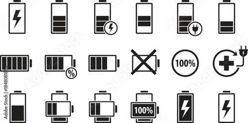 Modern battery charge level indicator icon set displaying various power statuses and charging modes for digital interfaces