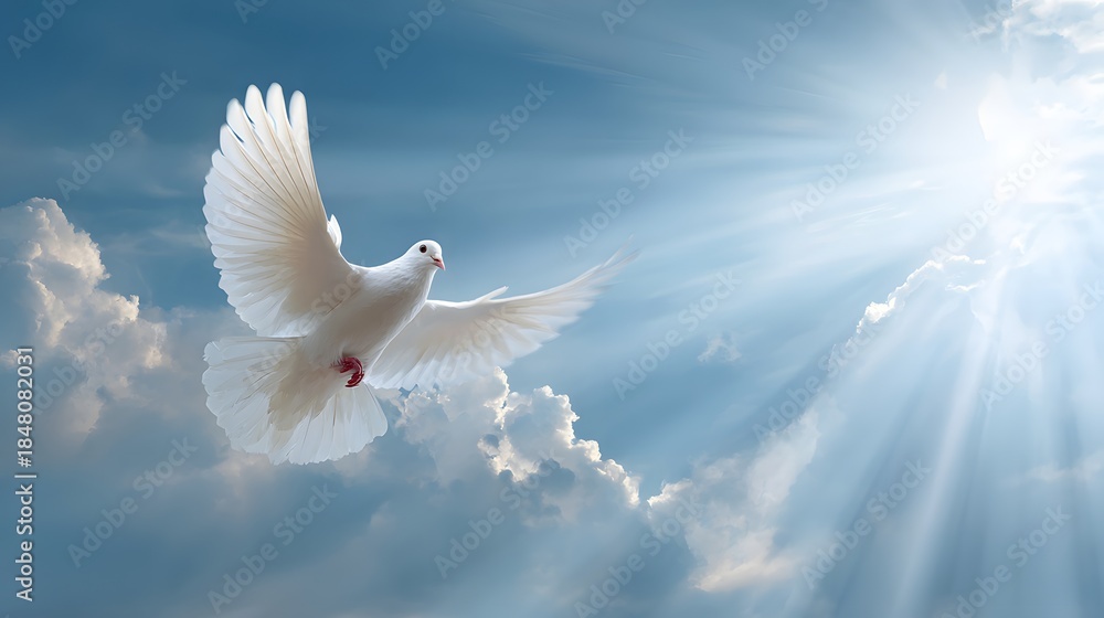 Fototapeta premium White dove flies gracefully through bright blue sky with sunbeams shining through clouds