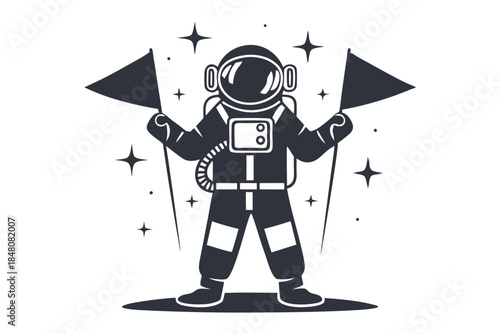 Cartoon Astronaut Outline Bold Black Lines, Full Body, Isolated, Space Suit, Clear Visor
