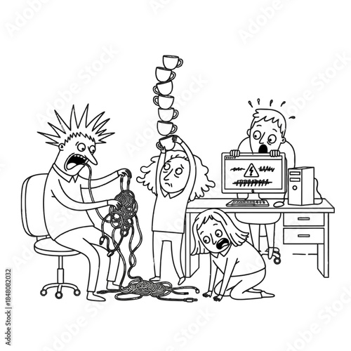 Humorous illustration of office chaos, depicting work-related stress