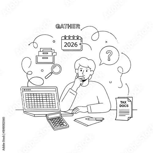 Man planning for taxes in 2026 with documents, laptop, and calculator