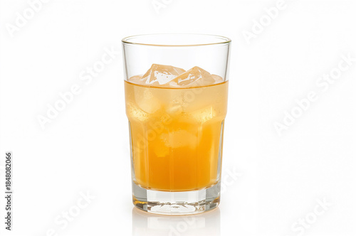 Fresh glass of orange juice on white background with realistic reflections