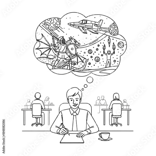 Daydreaming office worker imagines fantasy knight facing space adventure