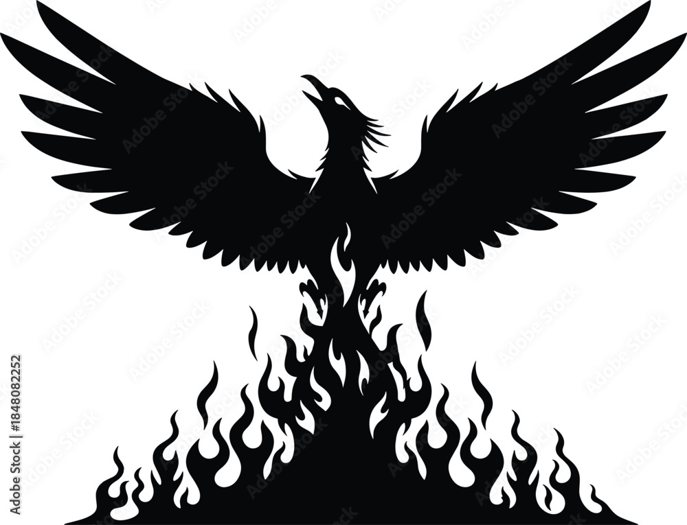 Obraz premium Black silhouette of a phoenix rising from flames bird phoenix, bird, silhouette, black, flames, fire, rising, mythical, wings, beak, feathers, symbol, white background, spread, white, background, styl