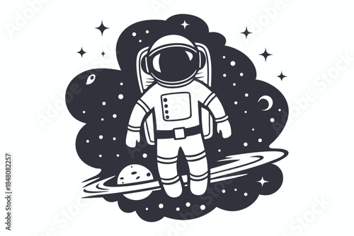 Monochrome Astronaut Floating in Space, Planets and Stars Silhouette