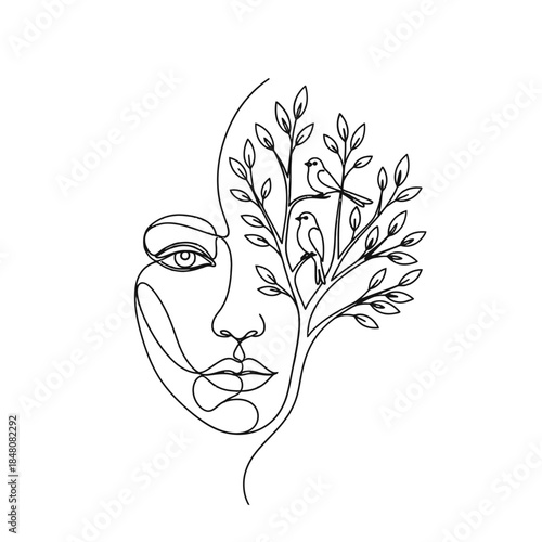 Continuous line art of a woman's face combined with tree and birds design