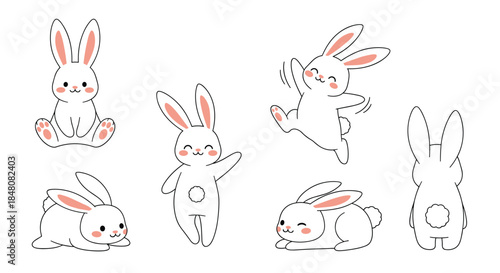 Collection of adorable and cute cartoon white bunnies in various poses in a simple black and white line art style.