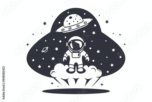 Monochrome Astronaut Floating with Torch Amidst Cosmic Cloudscape and Stars Design