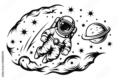 Outlined Astronaut Floating Between Planets, Stars, and Comets in Open Space Design