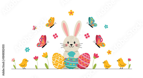 Happy Easter scene with a cute bunny holding decorated eggs surrounded by chicks butterflies and flowers on white background.