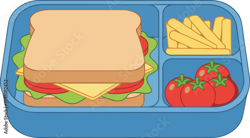 A blue bento-style lunchbox filled with a sandwich, french fries, and cherry tomatoes, colorful and appetizing vector illustration

