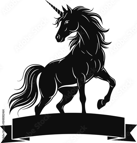 Black unicorn standing on banner silhouette mythical creature unicorn, black, silhouette, mythical creature, horse, horn, mane, tail, banner, ribbon, white background, symbol, fantasy, mythology, magi