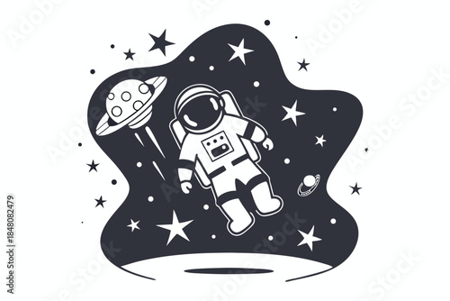 Spaceman Exploring Outer Space Surrounded by Clouds and Stars in Black and White