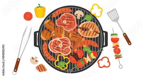 Top view of a barbecue grill with sizzling steaks sausages and vegetables for a summer picnic or backyard cookout party.