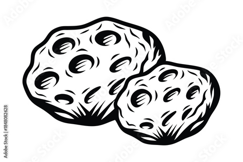 Cartoonish Sketch of Two Rounded Space Rocks with Impact Craters on a White Backdrop