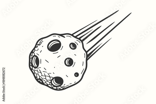 Doodle Style Meteor with Trail, Space Debris Sketch, Black and White Cosmic
