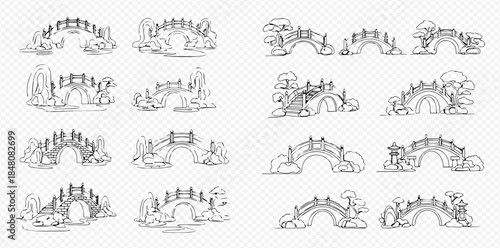 Set of hand-drawn stone bridges with railings and natural elements, isolated on a transparent background.