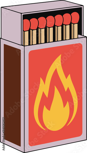 A red matchbox with a bold flame symbol on its front and a full tray of matches visible, classic and iconic vector illustration

