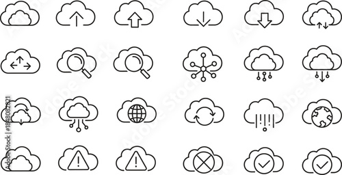 Modern technology cloud computing icon set representing data storage and internet services with various functions