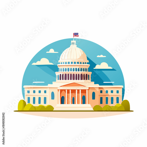 Vector illustration of an iconic government building with a dome under a blue sky