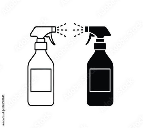 A simple illustration depicts two spray bottles one white and one black both actively dispensing a fine mist of liquid