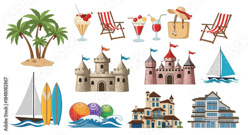 A large collection of summer vacation and beach travel icons including palm trees castles and sailboats on white background.