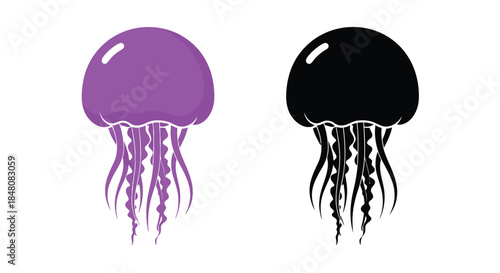 Two jellyfish illustrations one purple and one black with flowing tentacles