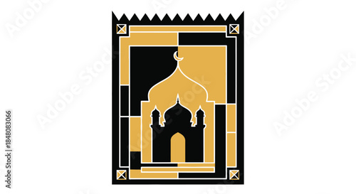 An ornate islamic prayer rug design featuring a mosque and crescent moon