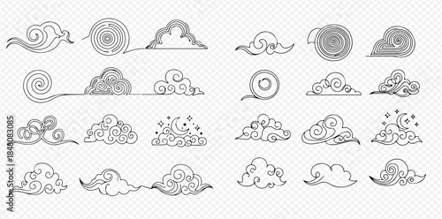 Set of hand drawn Chinese and Japanese style clouds, Asian traditional art elements.