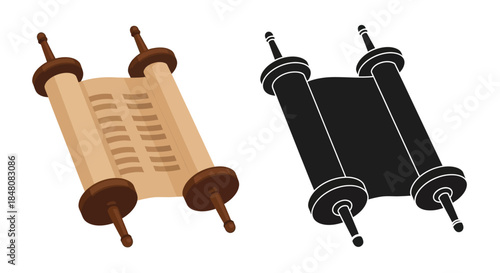 Two depictions of ancient scrolls with wooden handles one in color and one monochrome