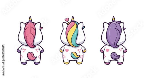 Cartoon unicorns with colorful manes and tails in various poses