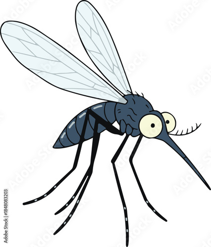 A detailed cartoon mosquito with translucent wings, large eyes, and a long proboscis, slightly menacing yet stylized vector illustration

