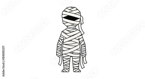 A simple illustration of a cartoon mummy character with bandages and dark eyes