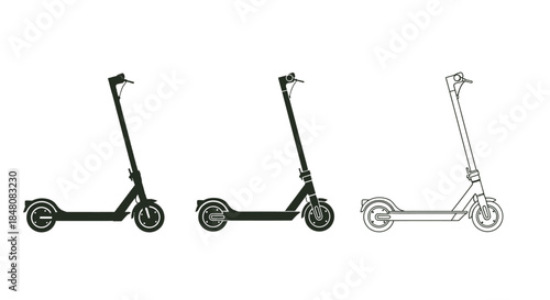 Three electric scooters in different color schemes green black and white
