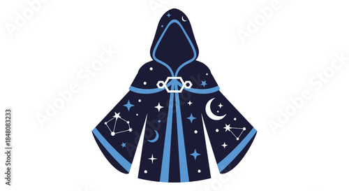 Dark blue wizard robe with celestial designs and golden clasps displayed