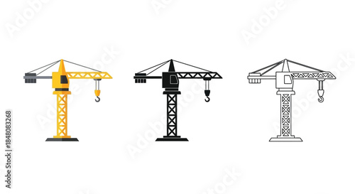 Three variations of a construction crane illustration in different color schemes