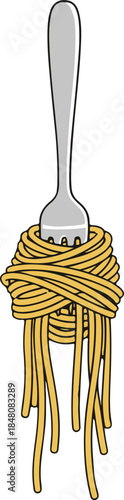 A silver fork twirling a nest of golden spaghetti strands, classic and appetizing vector illustration

