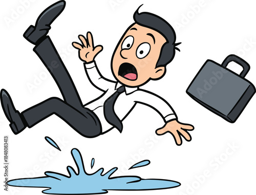 A cartoon businessman in a white shirt and black tie slipping on a puddle, arms flailing and briefcase flying, comical and chaotic vector illustration


